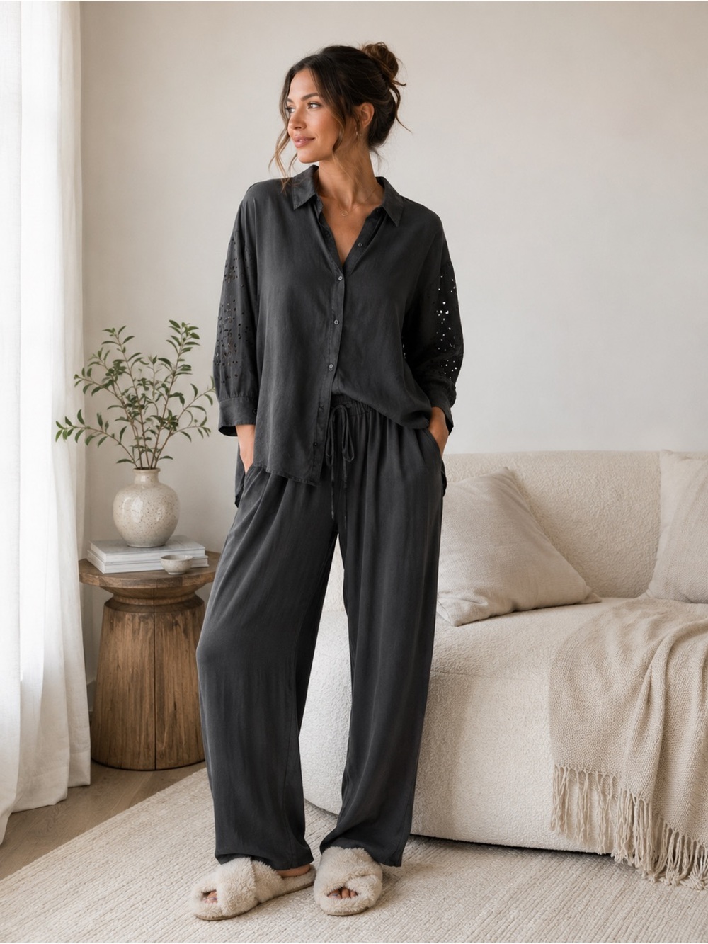 NWT Hello Nite Revolve Button Down Top Women's Sz S Eyelet Cutouts Black Lounge